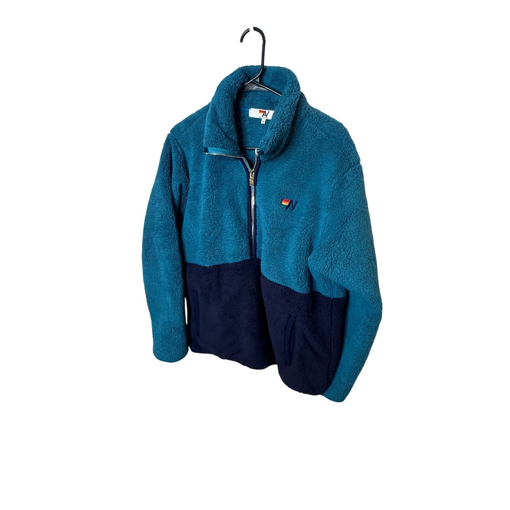 Aviator Nation Womens Sherpa Fleece Half Zip Pullover Teal Navy Blue Small S